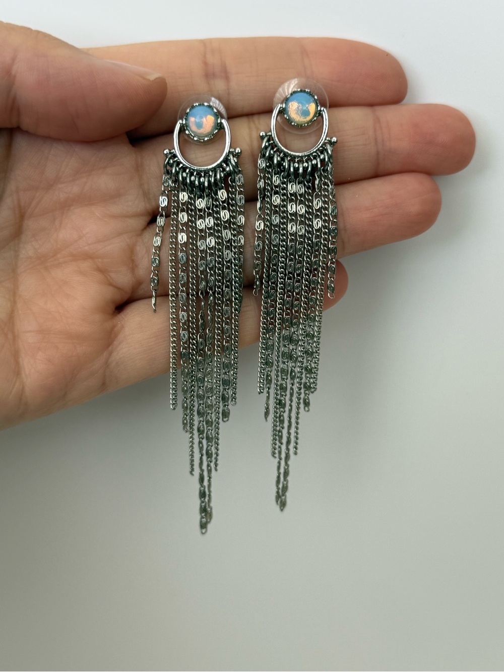 Silver Opal Blue Stone Bohemian Fringe Tassel Dangle Earrings